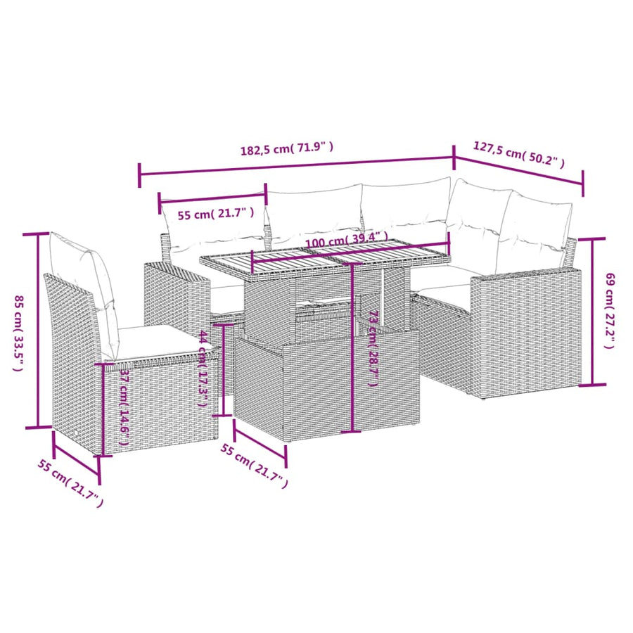 6-delige Loungeset met kussens poly rattan beige