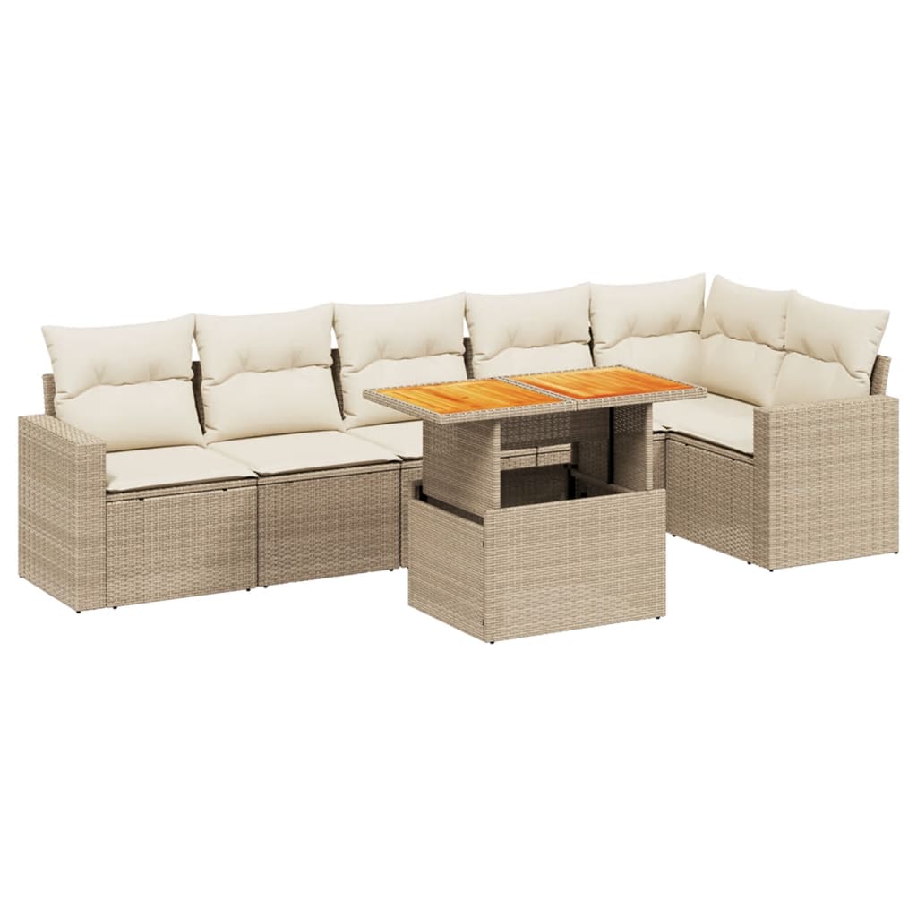 7-delige Loungeset met kussens poly rattan beige