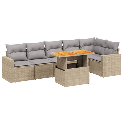 7-delige Loungeset met kussens poly rattan beige