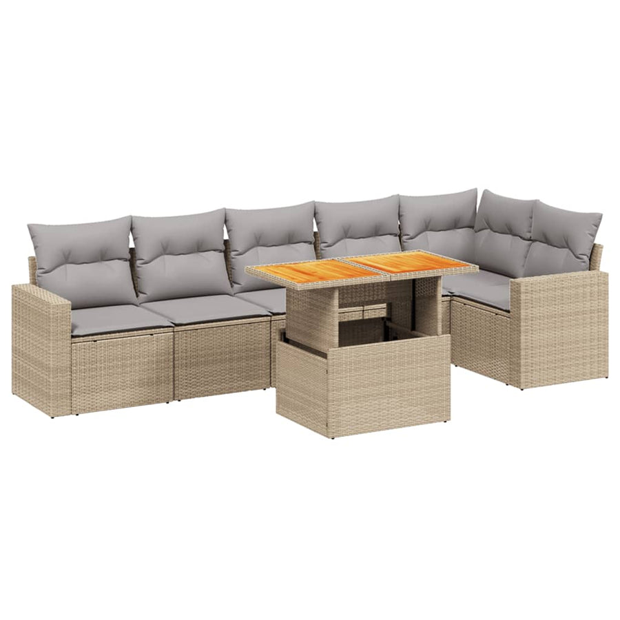 7-delige Loungeset met kussens poly rattan beige