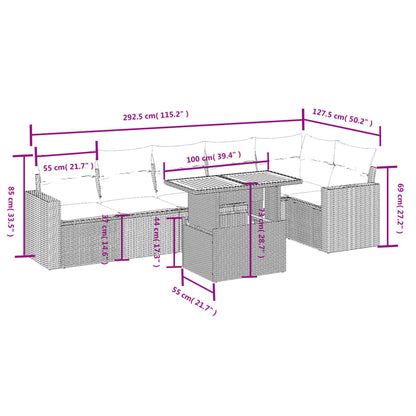 7-delige Loungeset met kussens poly rattan beige