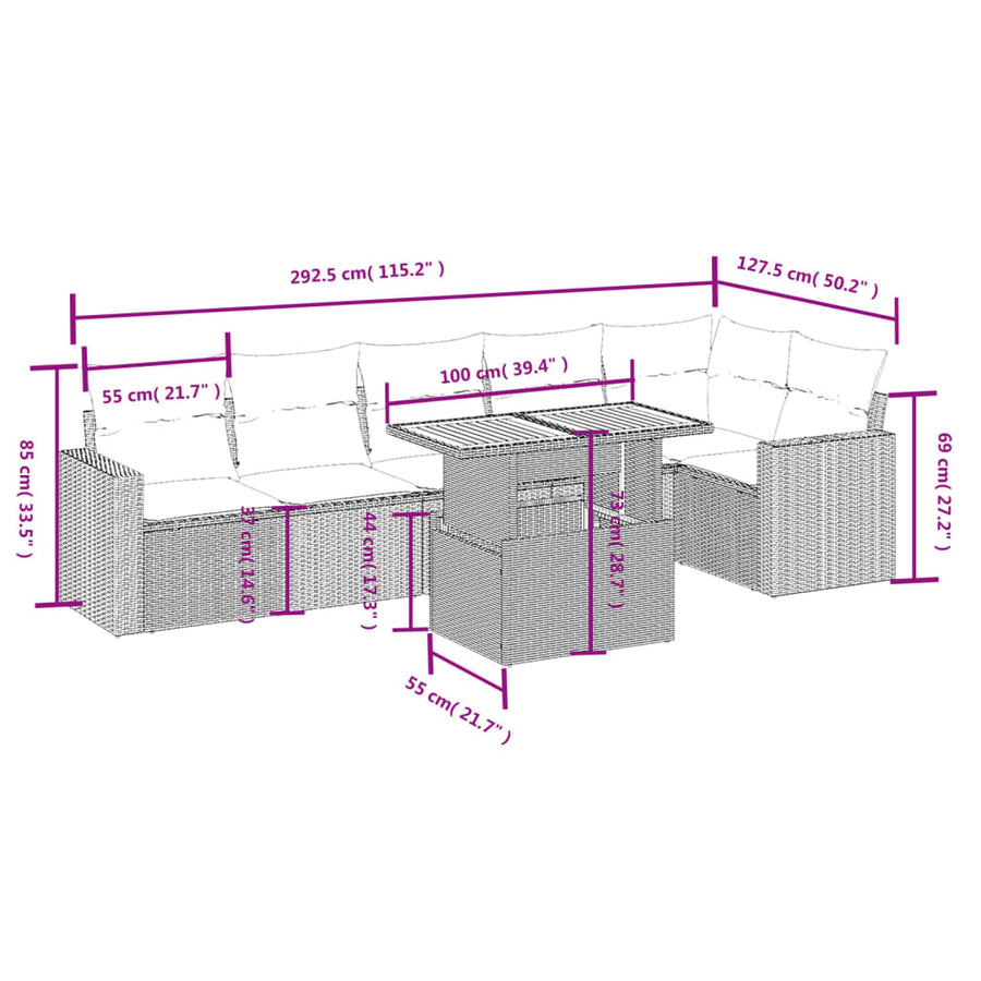 7-delige Loungeset met kussens poly rattan beige