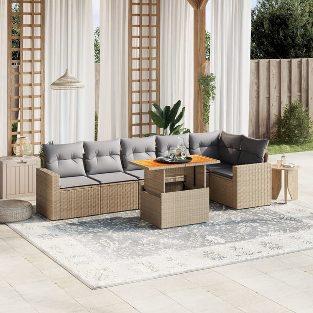 7-delige Loungeset met kussens poly rattan beige