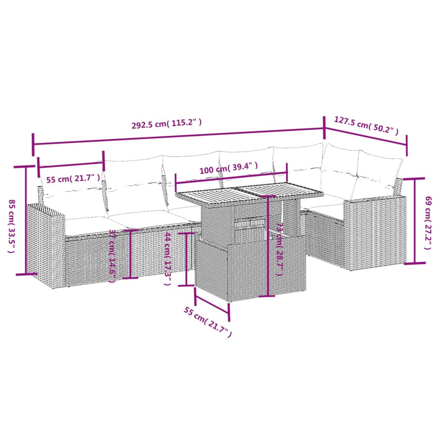 7-delige Loungeset met kussens poly rattan grijs