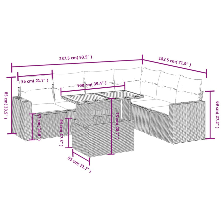 7-Delige Loungeset Met Kussens Poly Rattan Zwart