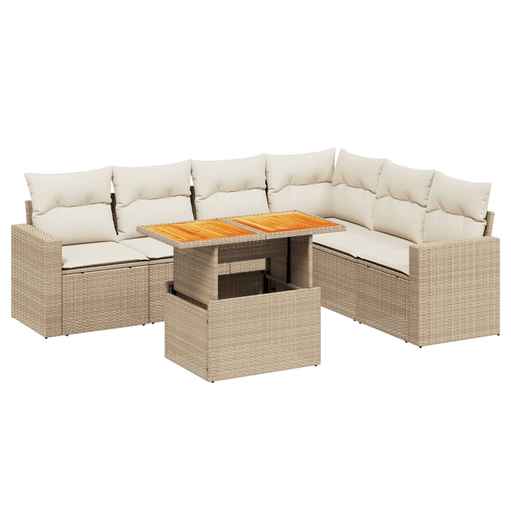 7-delige Loungeset met kussens poly rattan beige