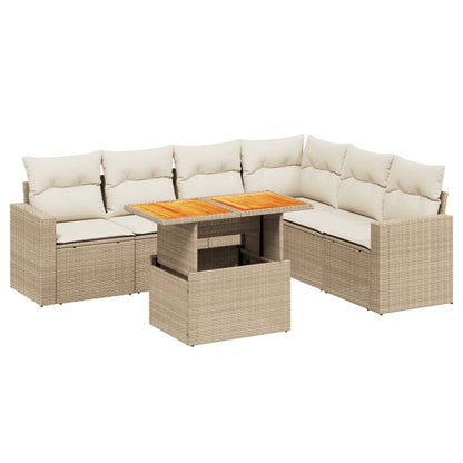 7-delige Loungeset met kussens poly rattan beige