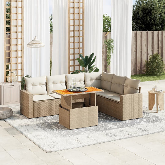 7-delige Loungeset met kussens poly rattan beige