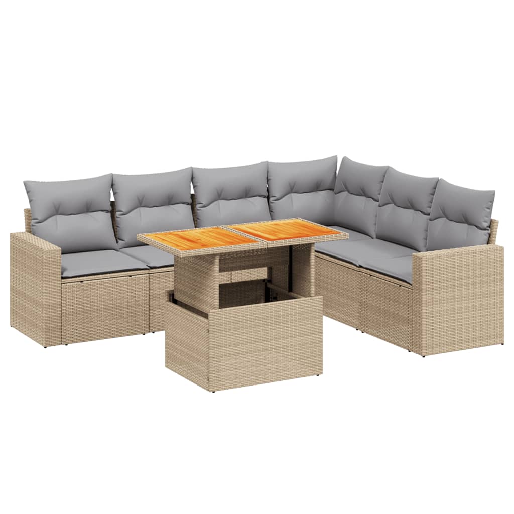 7-delige Loungeset met kussens poly rattan beige