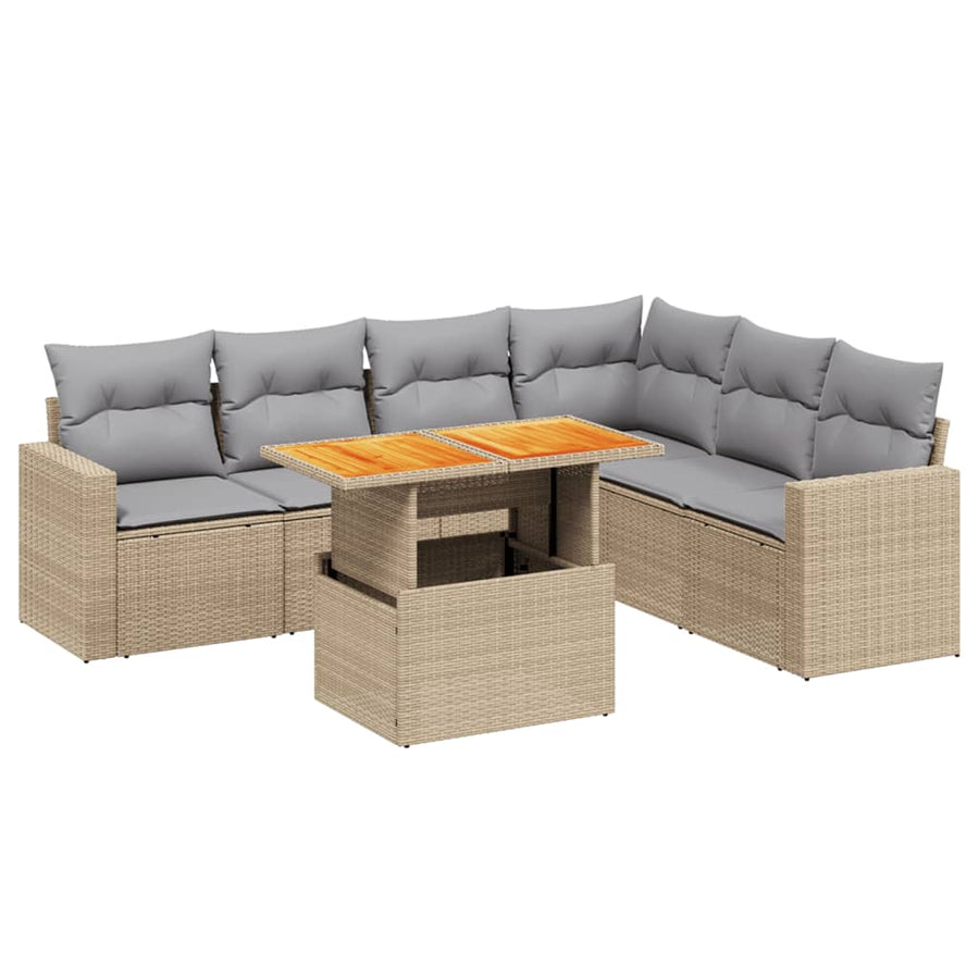 7-delige Loungeset met kussens poly rattan beige