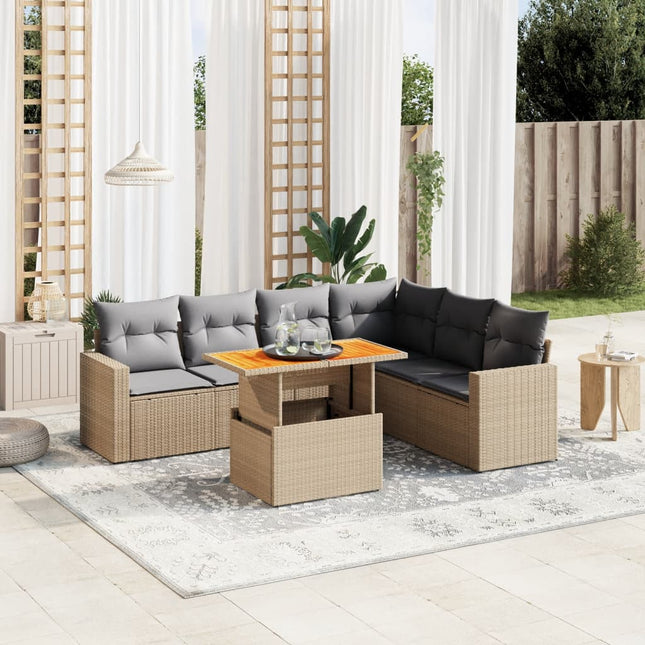 7-delige Loungeset met kussens poly rattan beige