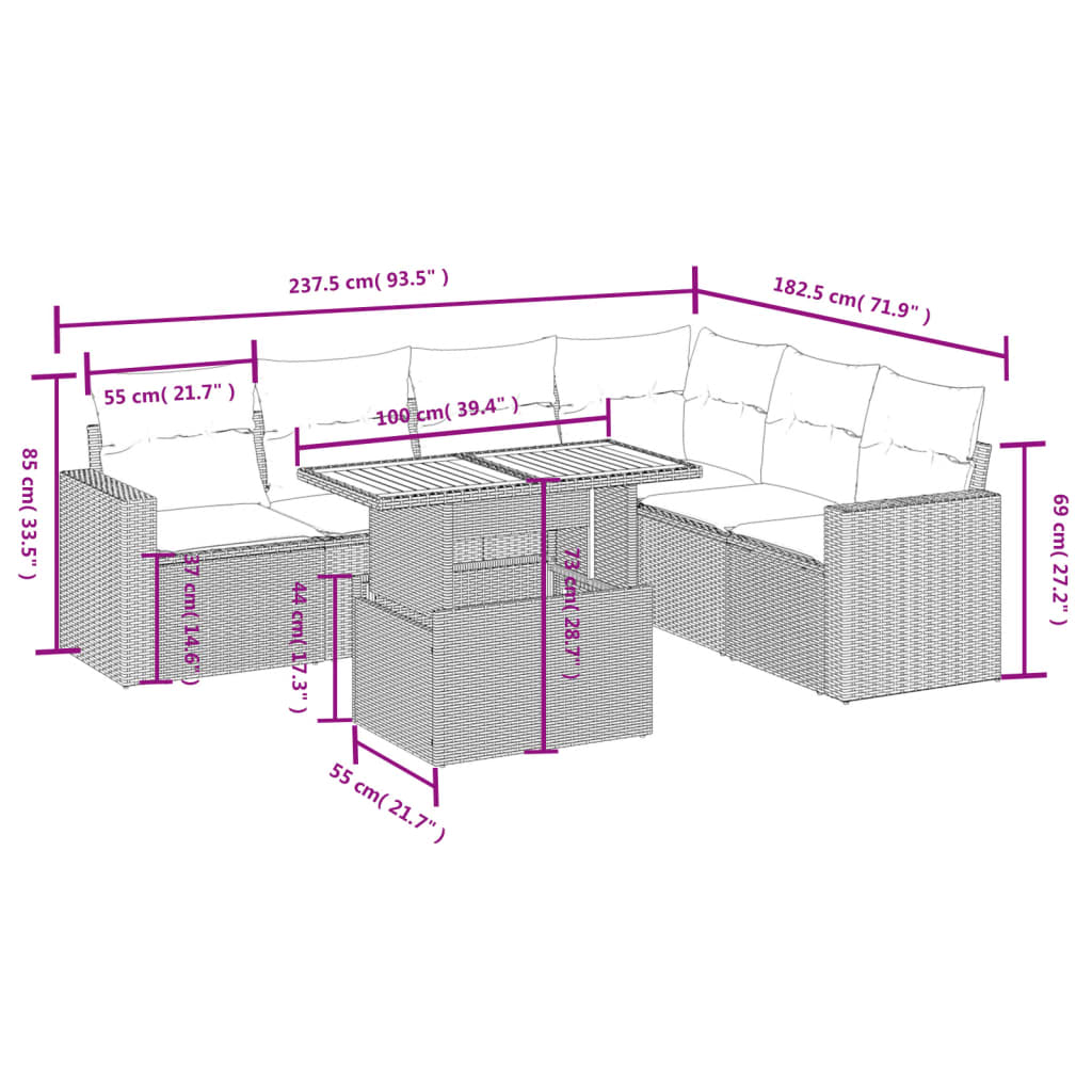 7-delige Loungeset met kussens poly rattan grijs