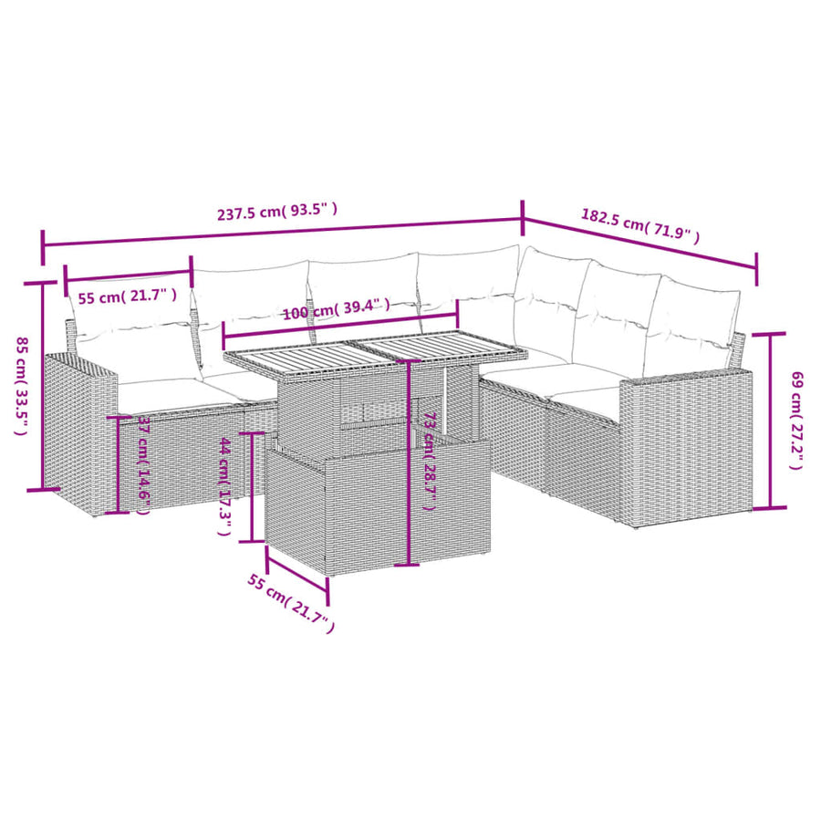 7-delige Loungeset met kussens poly rattan grijs