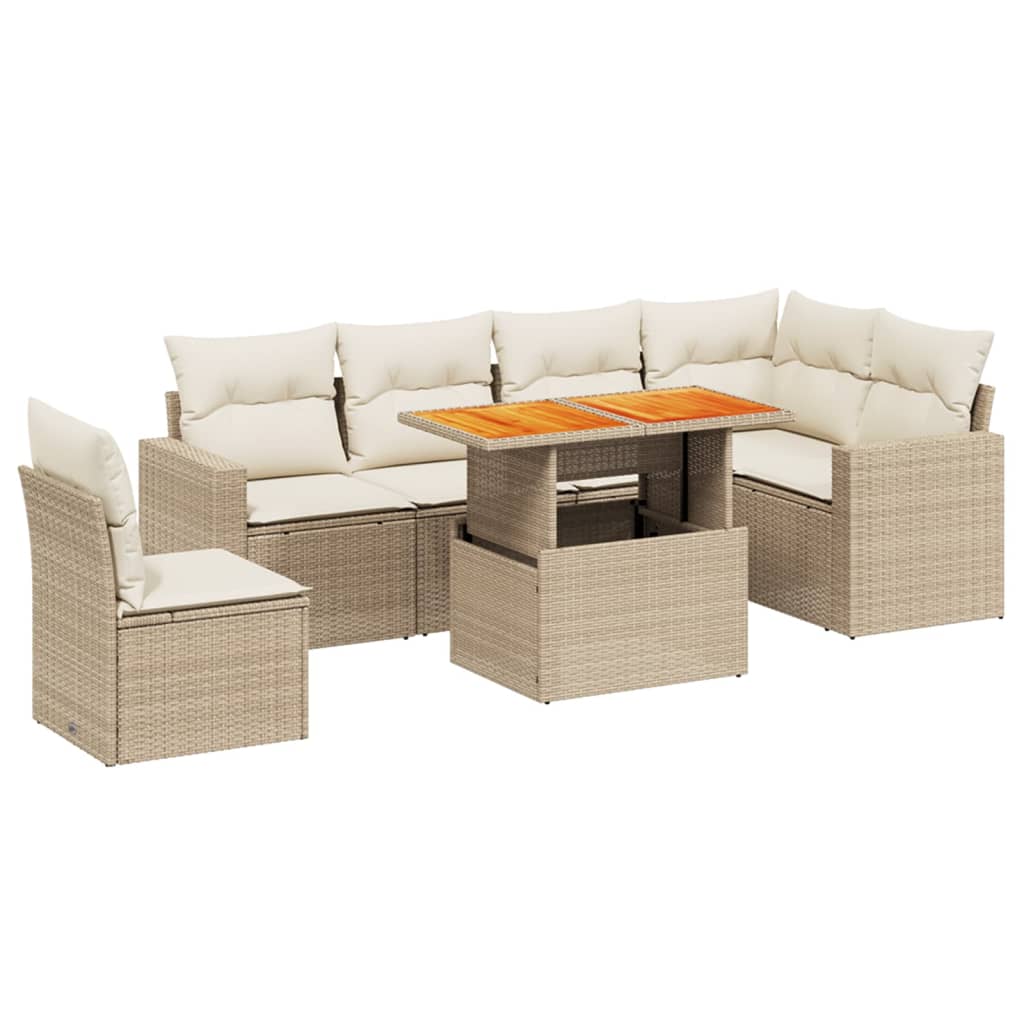 7-delige Loungeset met kussens poly rattan beige
