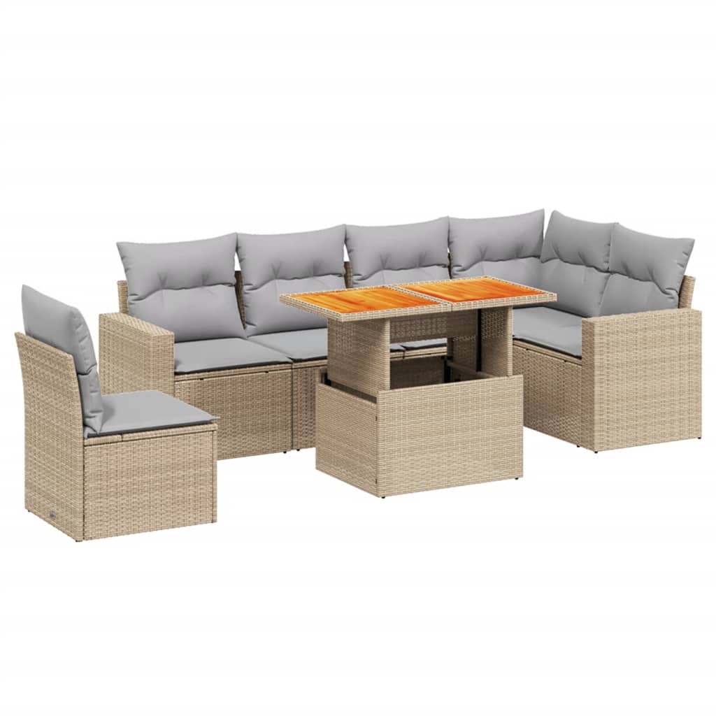 7-delige Loungeset met kussens poly rattan beige