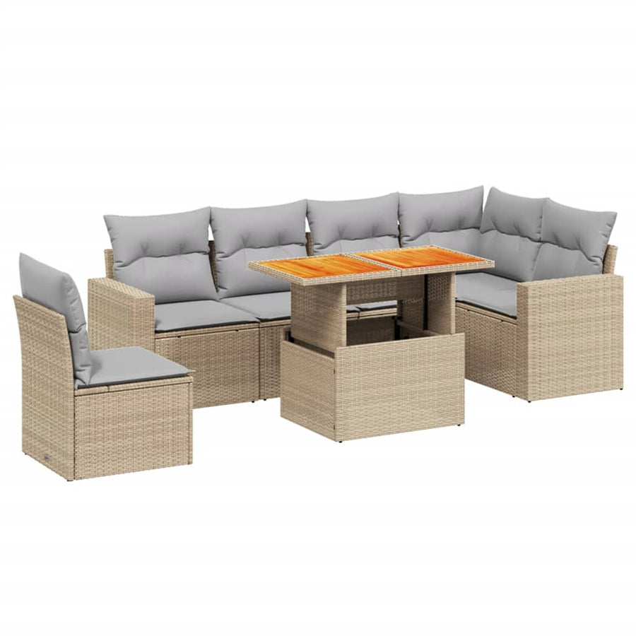 7-delige Loungeset met kussens poly rattan beige