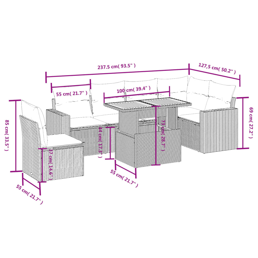 7-delige Loungeset met kussens poly rattan beige