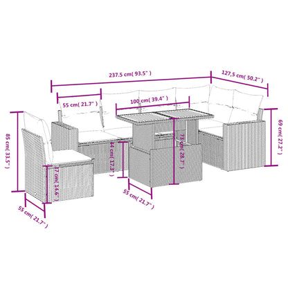 7-delige Loungeset met kussens poly rattan beige