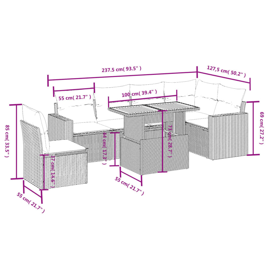 7-delige Loungeset met kussens poly rattan beige