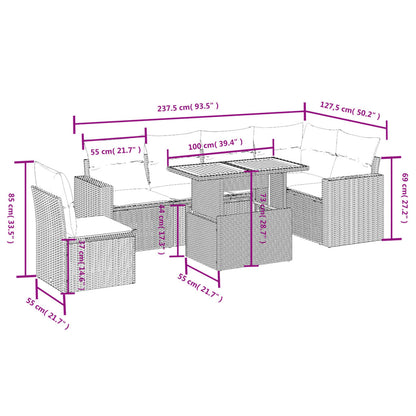 7-delige Loungeset met kussens poly rattan grijs