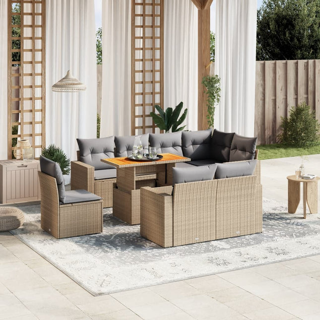 9-delige Loungeset met kussens poly rattan beige