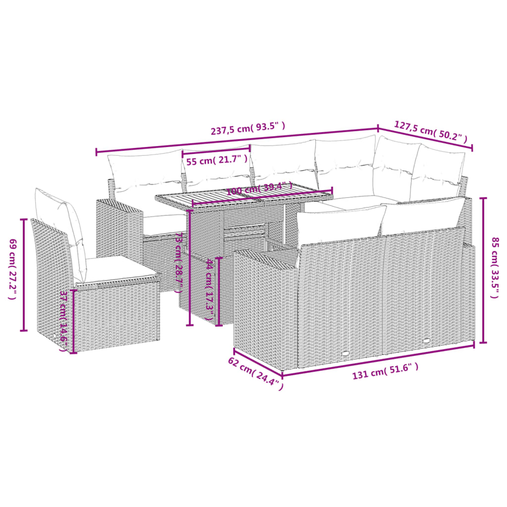 9-delige Loungeset met kussens poly rattan grijs