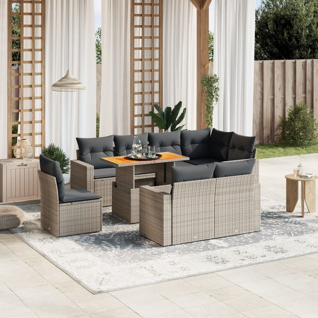 9-delige Loungeset met kussens poly rattan grijs