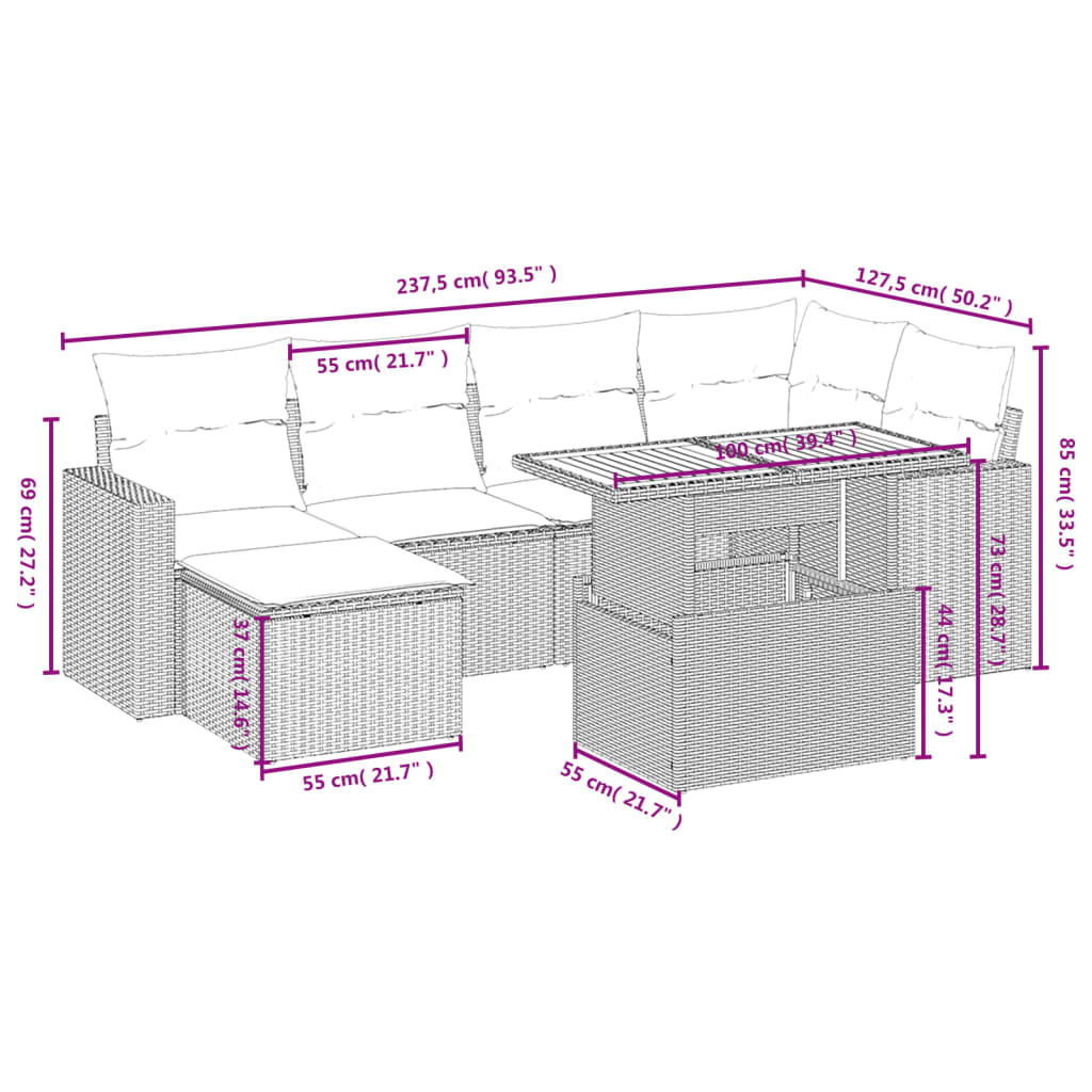 7-Delige Loungeset Met Kussens Poly Rattan Zwart