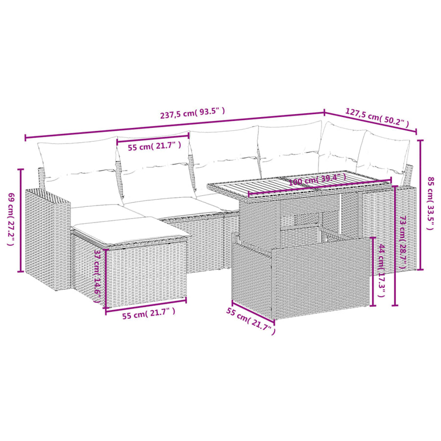 7-Delige Loungeset Met Kussens Poly Rattan Zwart