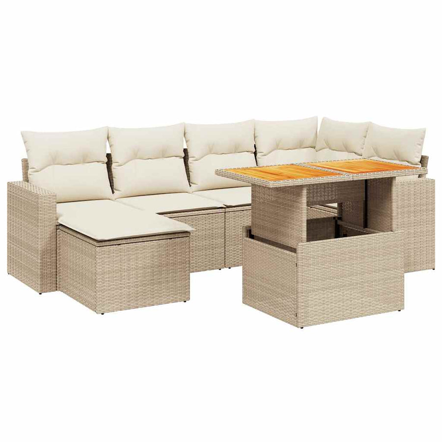 7-delige Loungeset met kussens poly rattan beige