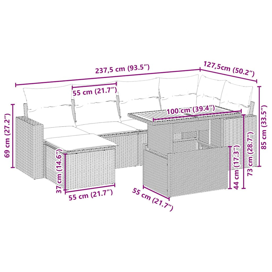 7-delige Loungeset met kussens poly rattan beige