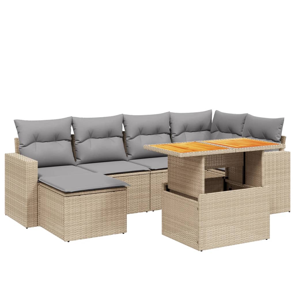 7-delige Loungeset met kussens poly rattan beige
