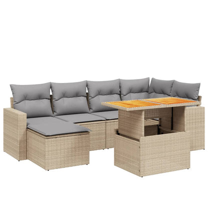 7-delige Loungeset met kussens poly rattan beige