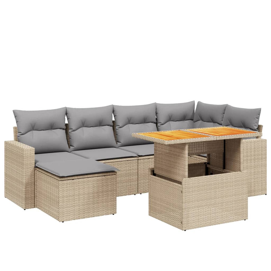 7-delige Loungeset met kussens poly rattan beige