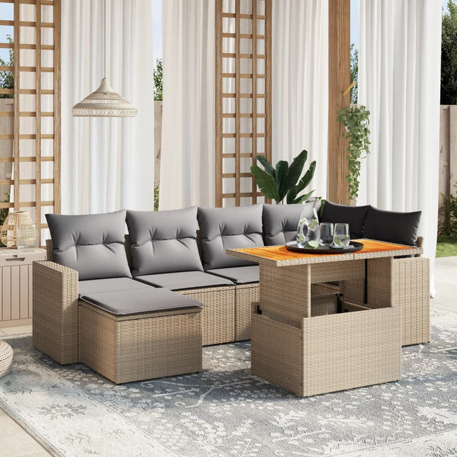 7-delige Loungeset met kussens poly rattan beige