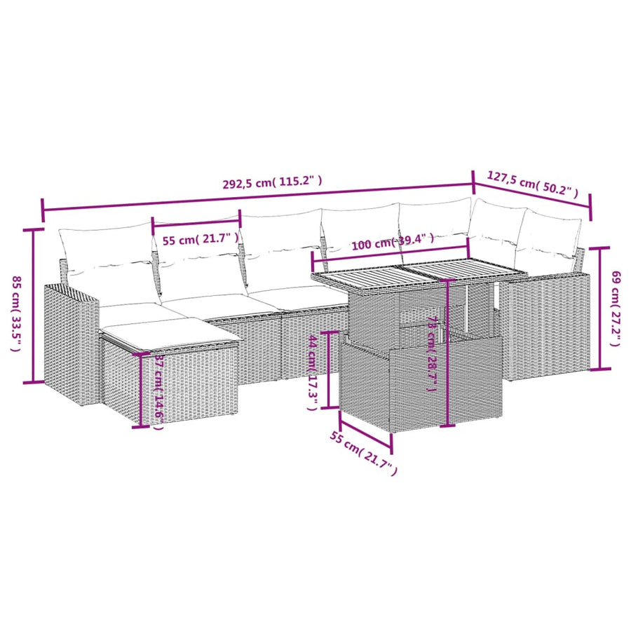 8-delige Loungeset met kussens poly rattan beige