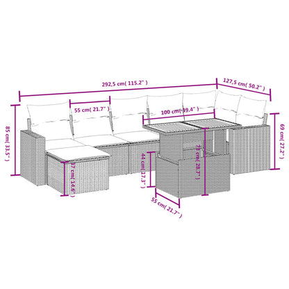 8-delige Loungeset met kussens poly rattan grijs