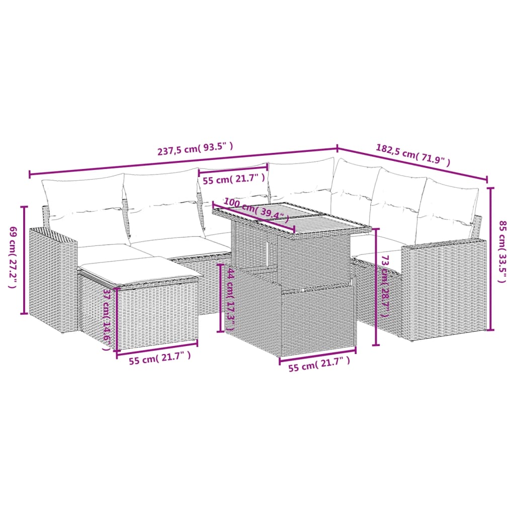 8-delige Loungeset met kussens poly rattan beige