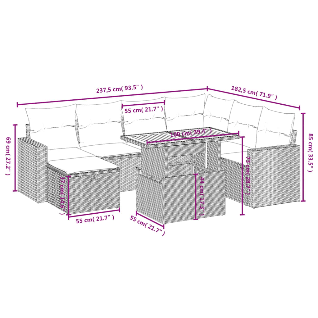 8-delige Loungeset met kussens poly rattan grijs