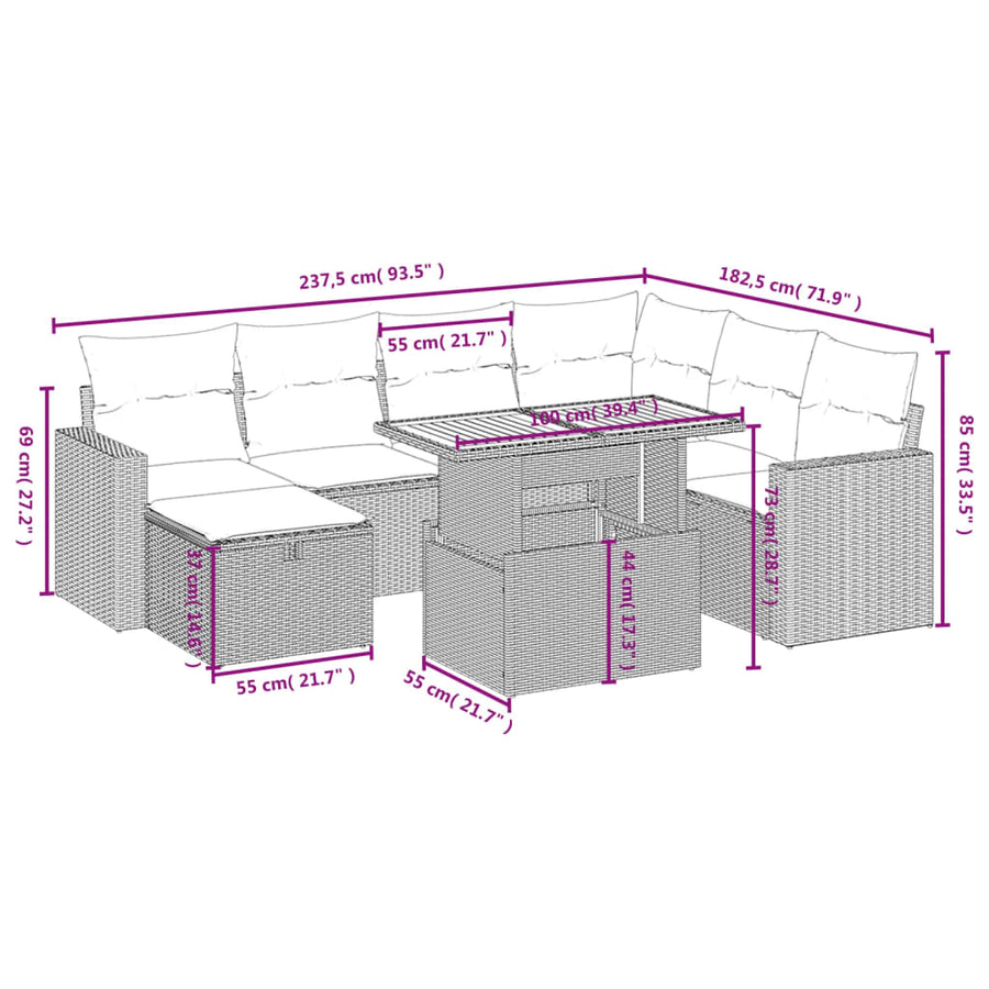 8-delige Loungeset met kussens poly rattan grijs