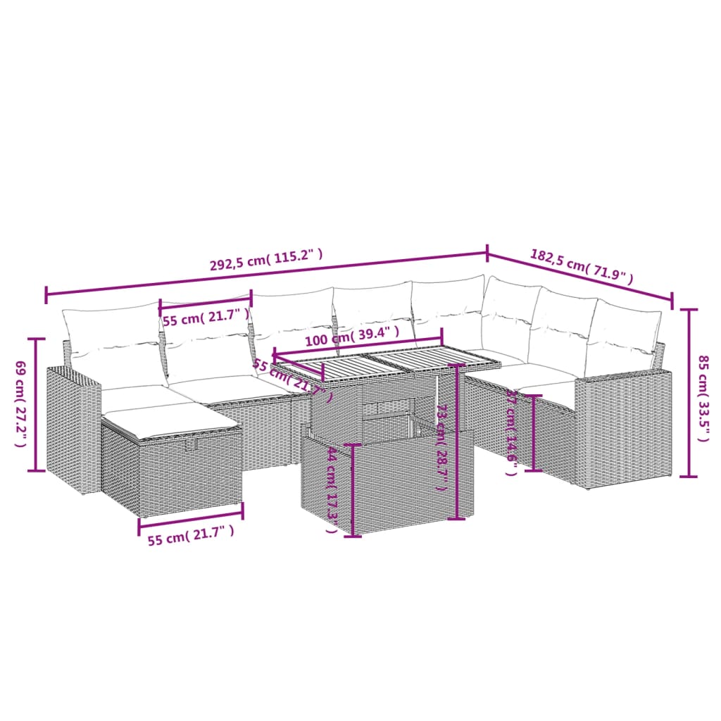 9-Delige Loungeset Met Kussens Poly Rattan Zwart