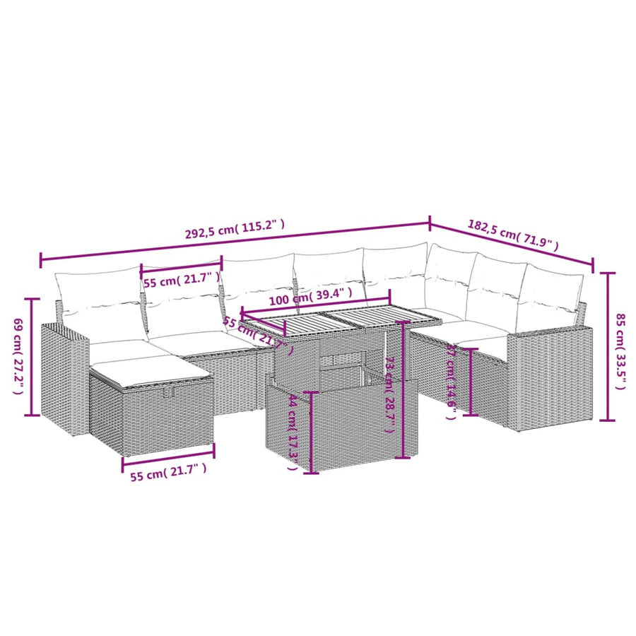 9-Delige Loungeset Met Kussens Poly Rattan Zwart
