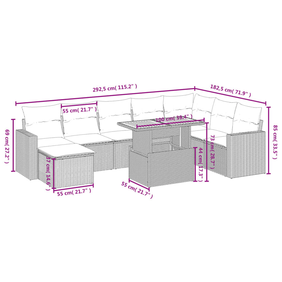 9-delige Loungeset met kussens poly rattan beige