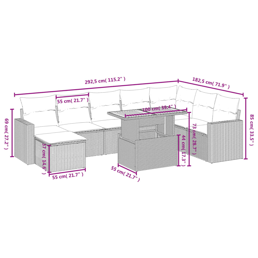 9-delige Loungeset met kussens poly rattan beige
