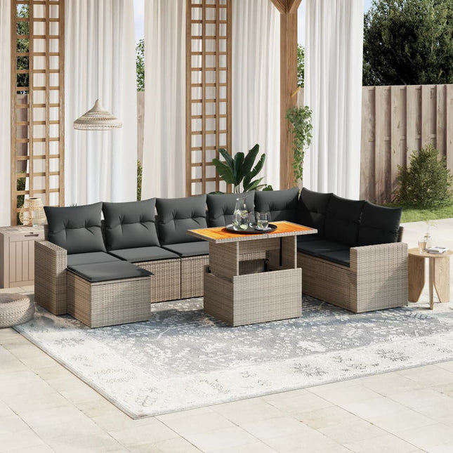 9-delige Loungeset met kussens poly rattan grijs