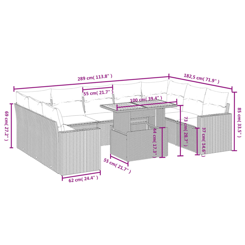 10-delige Loungeset met kussens poly rattan grijs