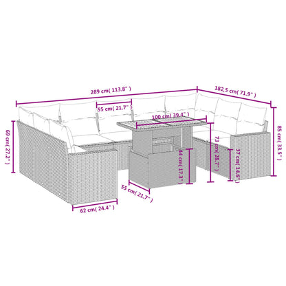 10-delige Loungeset met kussens poly rattan grijs