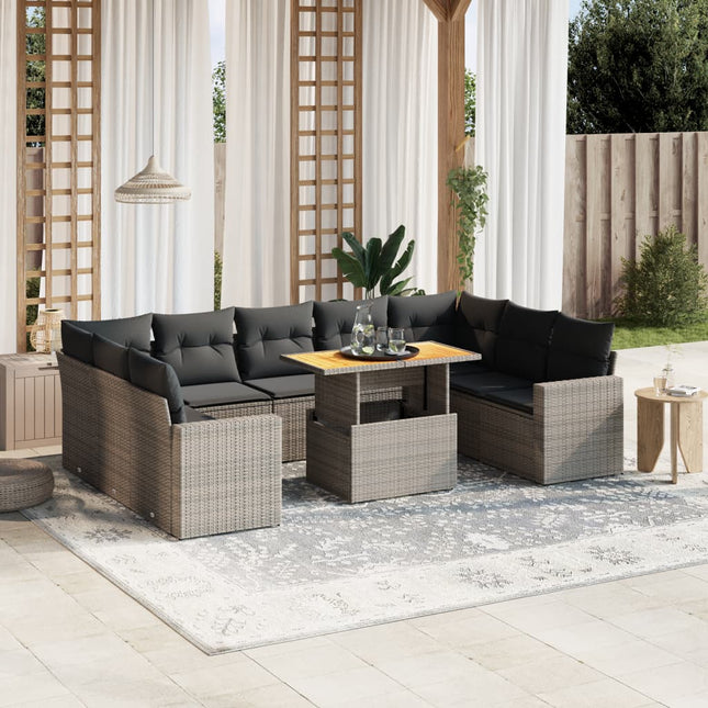 10-delige Loungeset met kussens poly rattan grijs