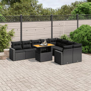 Loungeset poly rattan 10-delig zwart met kussens