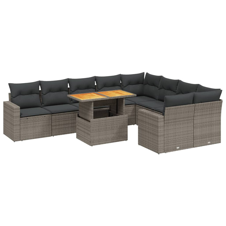 10-delige Loungeset met kussens poly rattan grijs